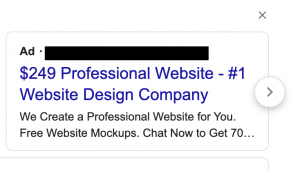 picture of a google ad offering 249 website services